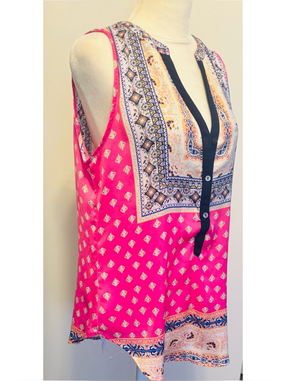Boho Sleeveless Pink Split-Neck Top in Bright Pink floral and Aztek Print